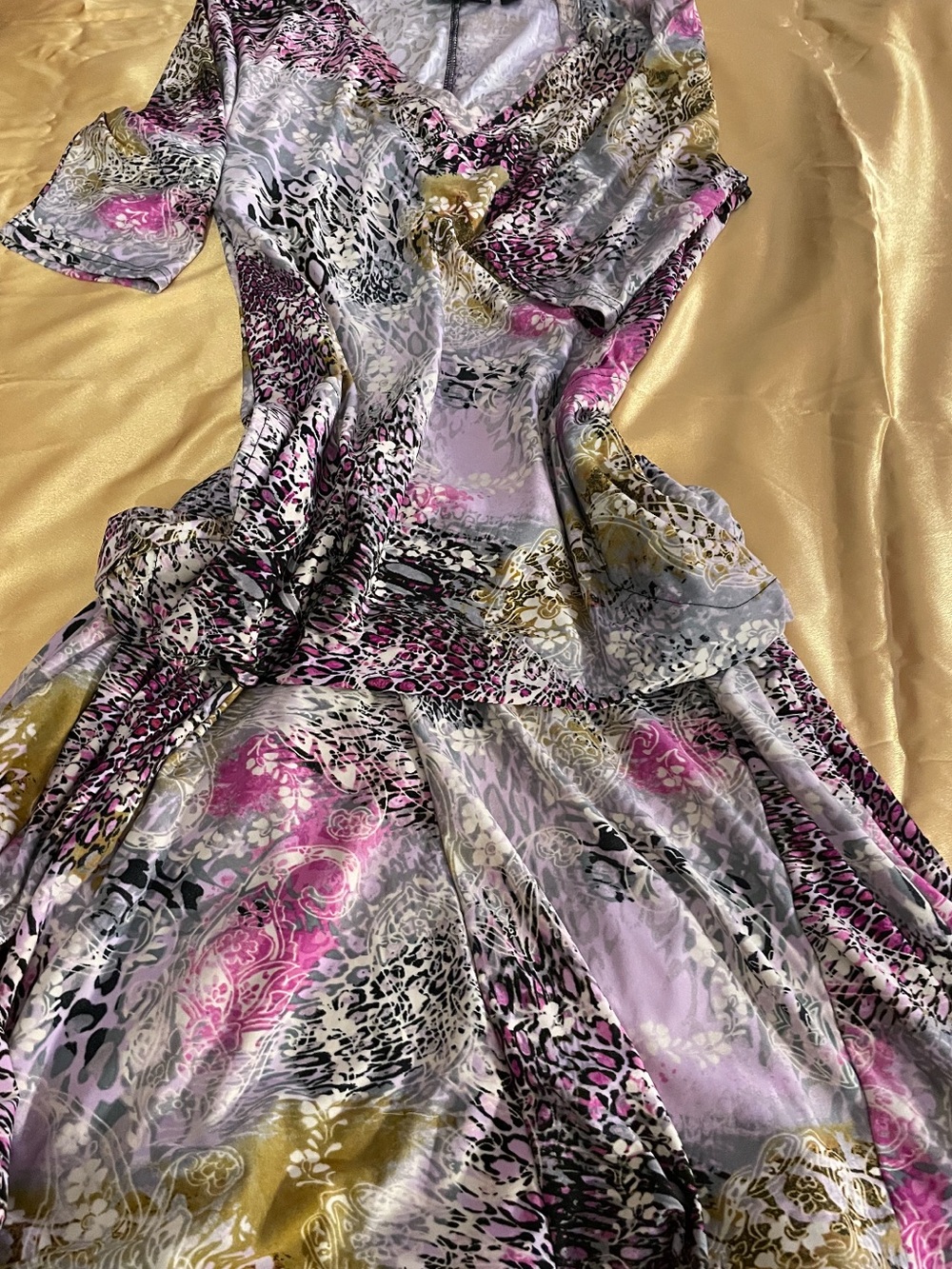Attitudes by Renee Pink Gold Black Short Sleeve Animal Print Satin Dress Small